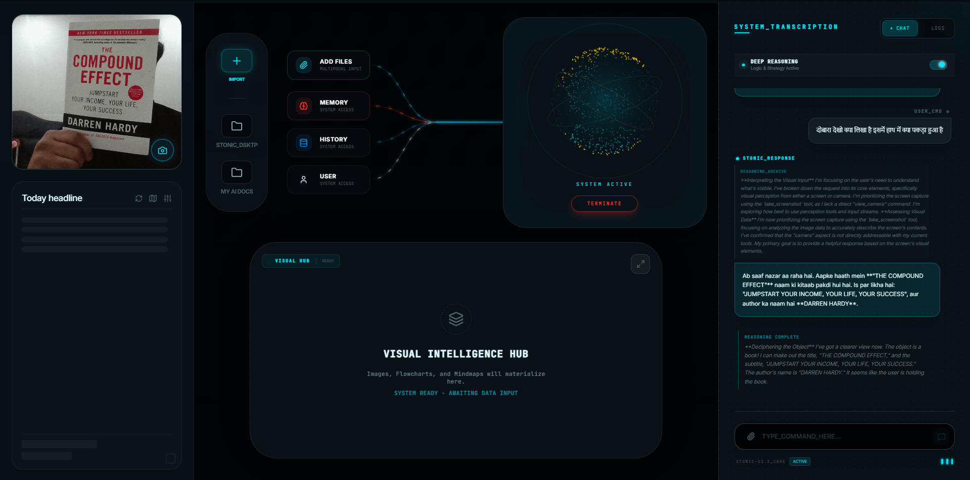 Stonic AI sci-fi desktop interface with glass UI and voice control
