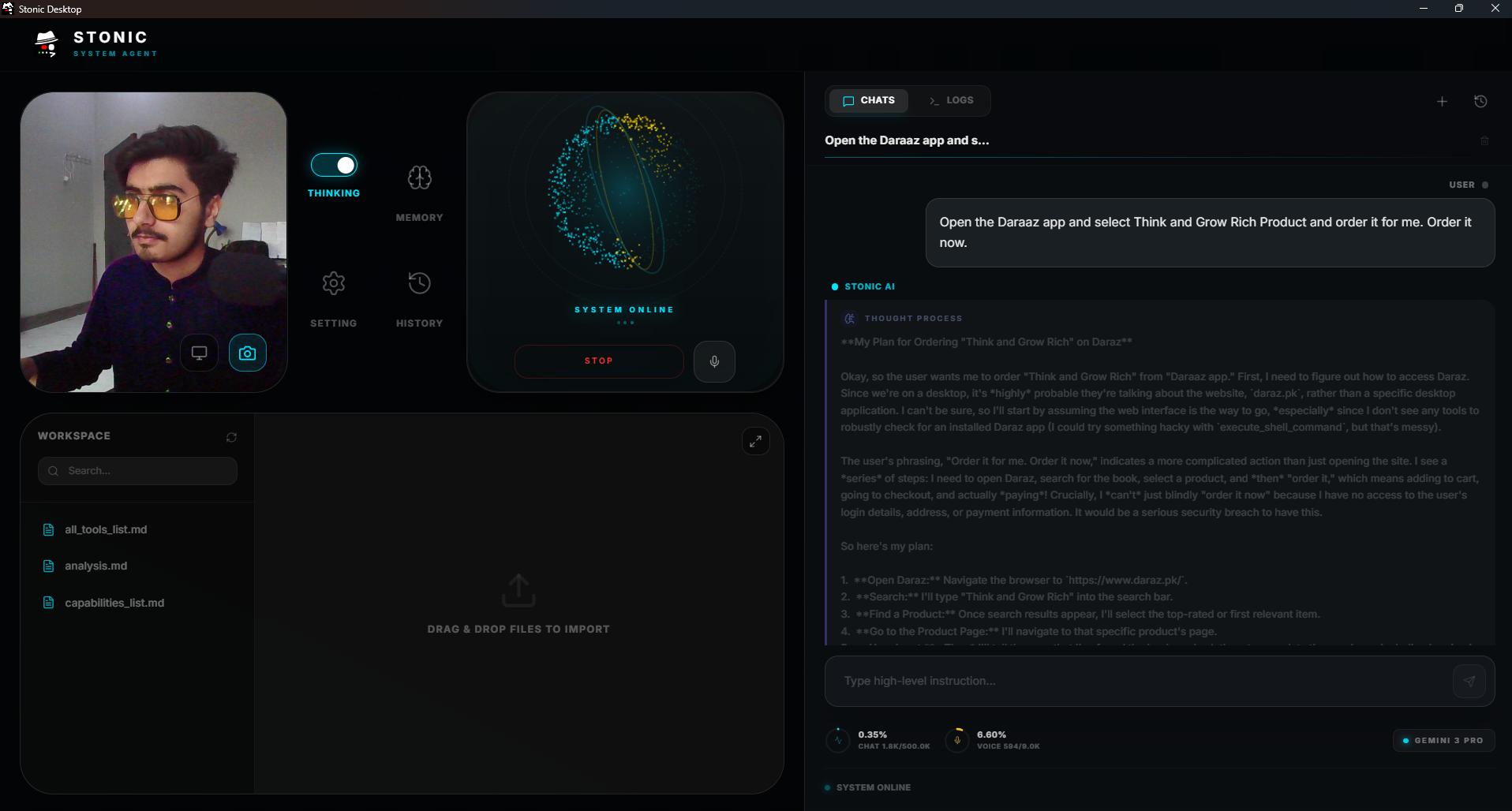 Stonic AI operating system interface with cinematic design